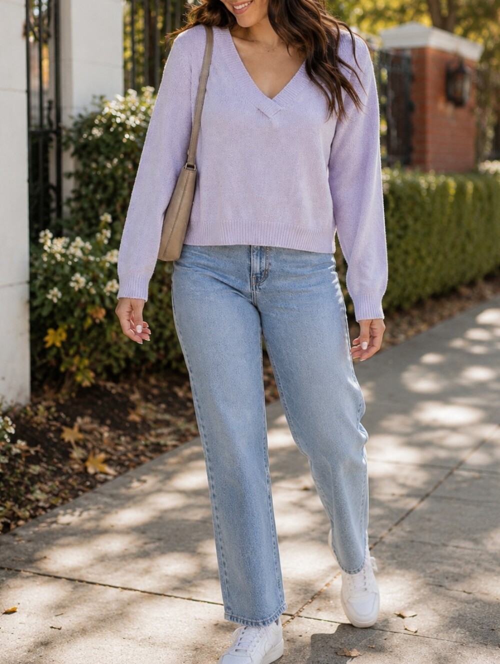 Garage Light Lavender V-Neck Cropped Knit Sweater Long Sleeve Soft Cozy Pullover
